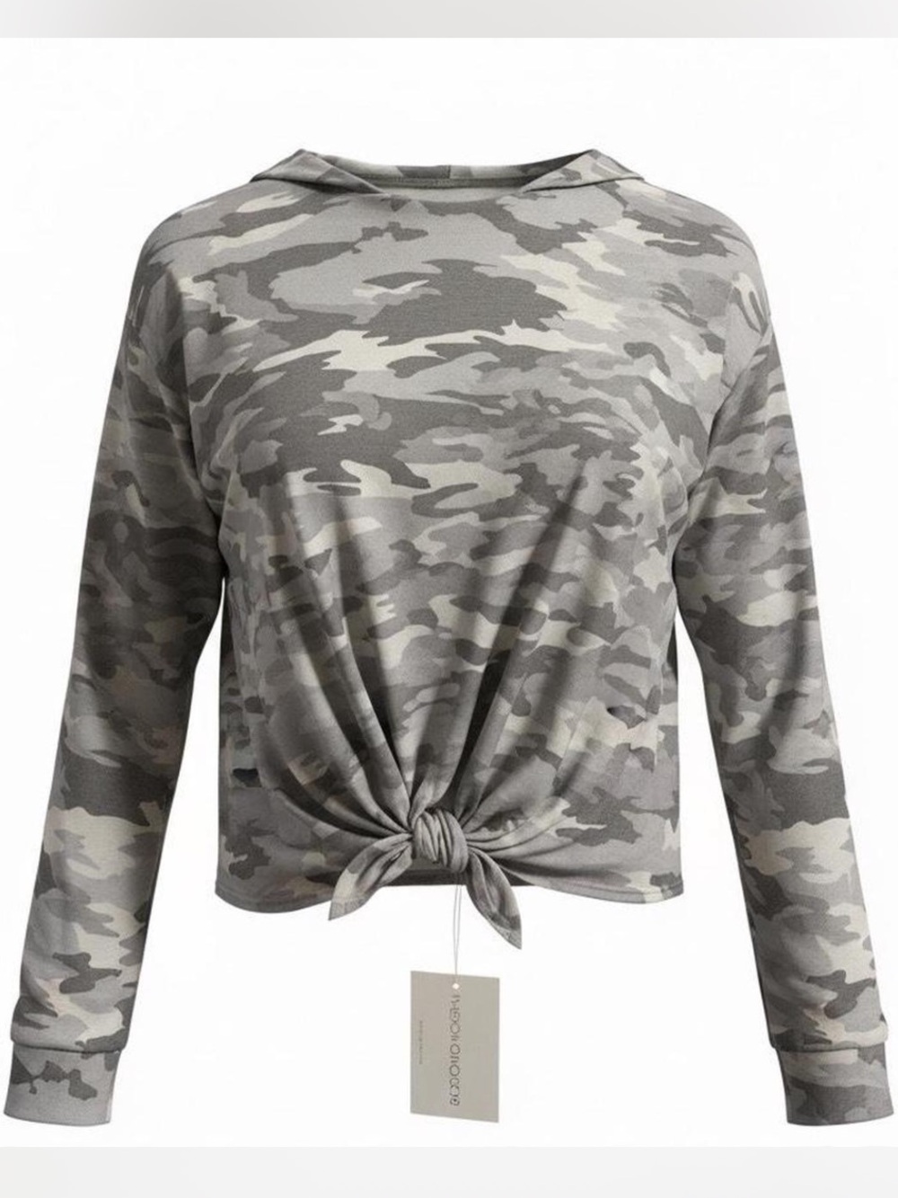 Women’s Gray Camo Beyond Yoga Tie-Front Long Sleeve Top with Hood